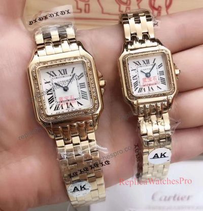 Yellow Gold Cartier Panthere Replica Watch For Sale - Diamond Bezel 